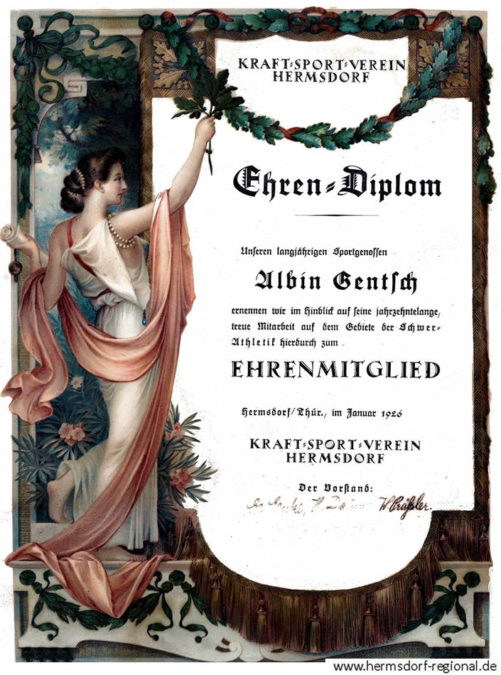 Urkunde als Ehrenmitglied für Albin Gentsch vom Januar 1926. 
